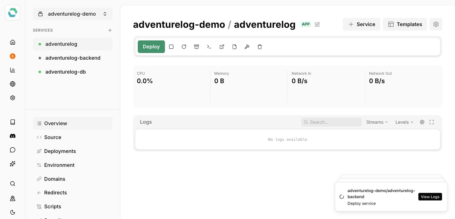 AdventureLog deployed on Easypanel
